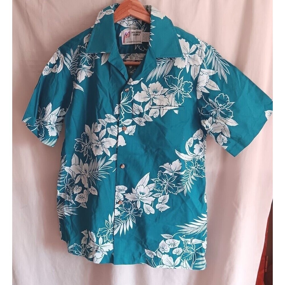 Vtg Malihini Hawaii Shirt M Hawaiian Designer Blue White Hibiscus New w/o Tags